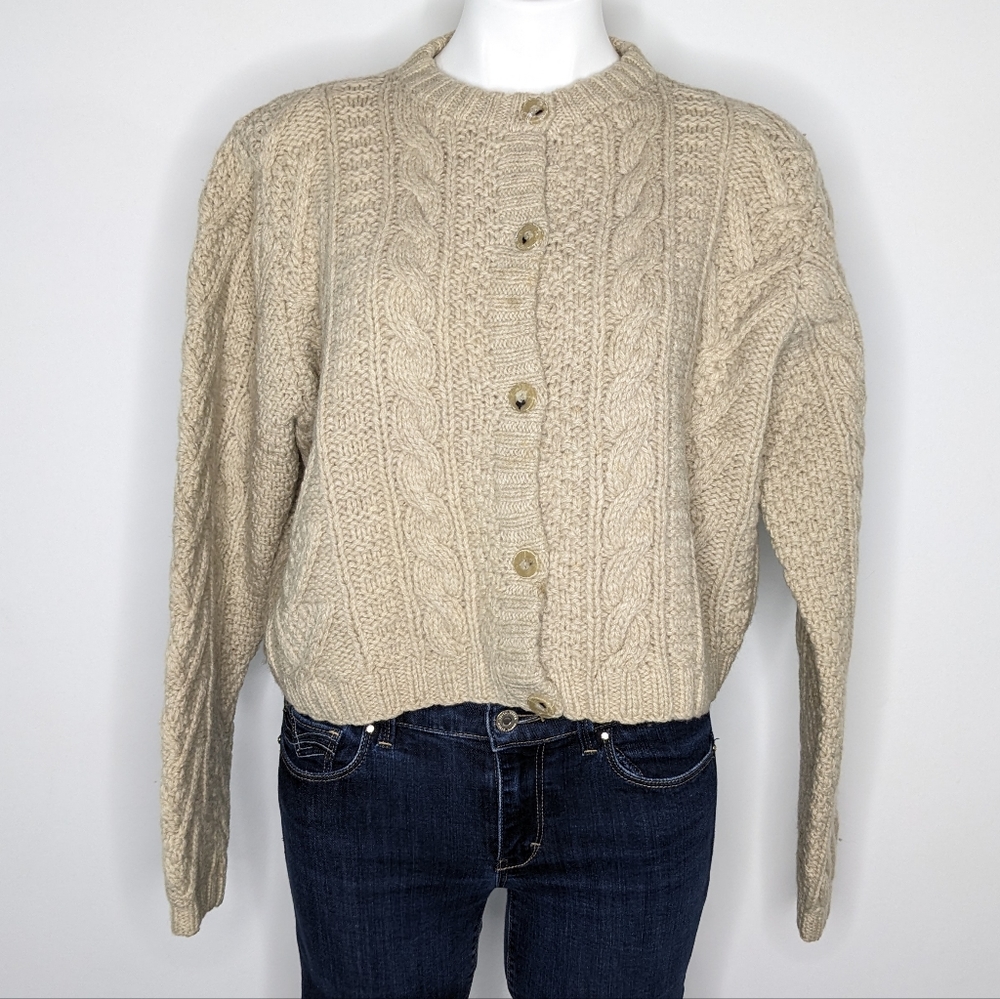 Vintage J Crew cream cable knit button up 100% wool cardigan sweater L